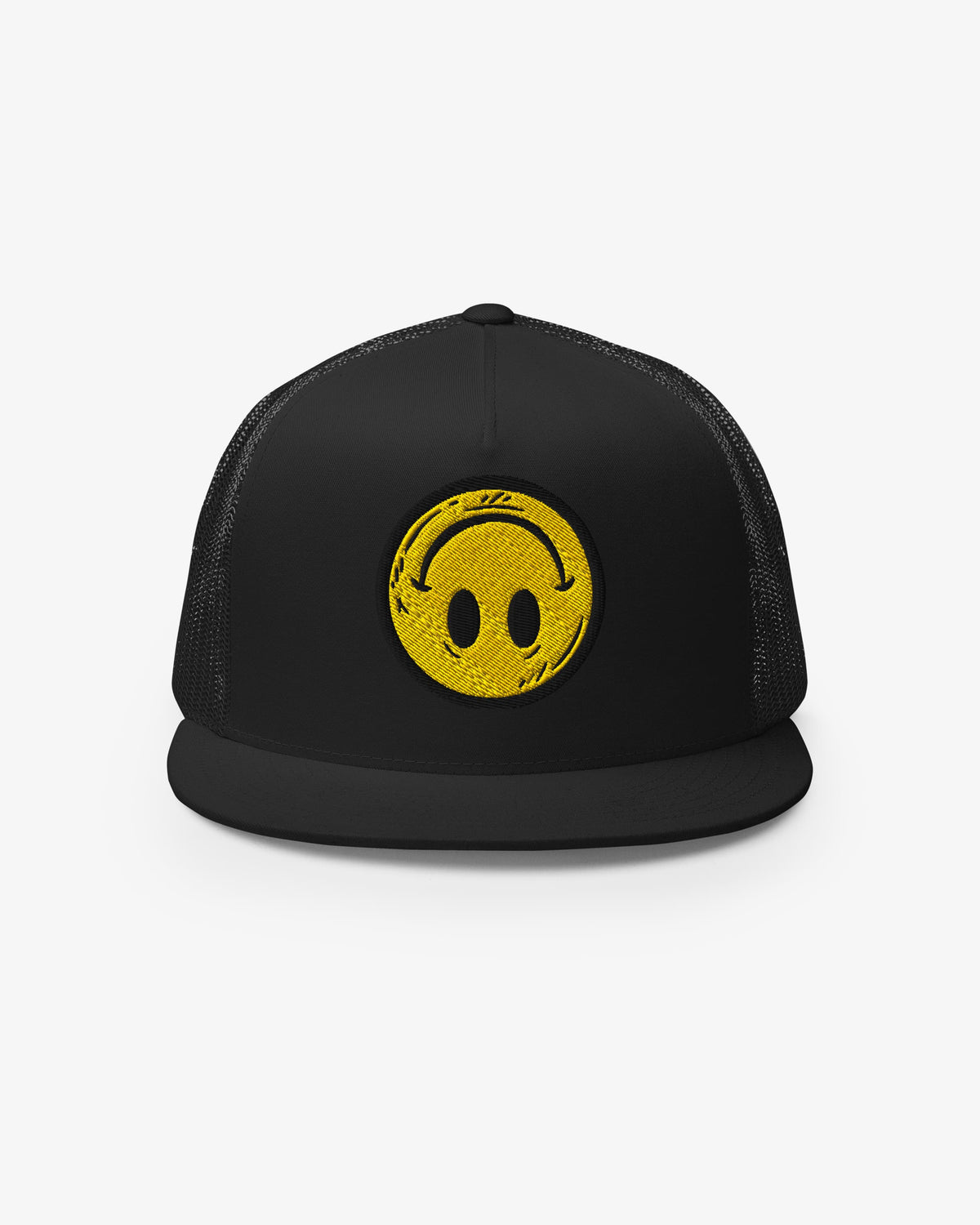 Black Smiley Up Down embroidered trucker cap, front view