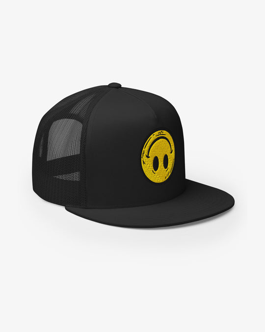 Black Smiley Upside-Down embroidered trucker cap, three-quarter view facing right