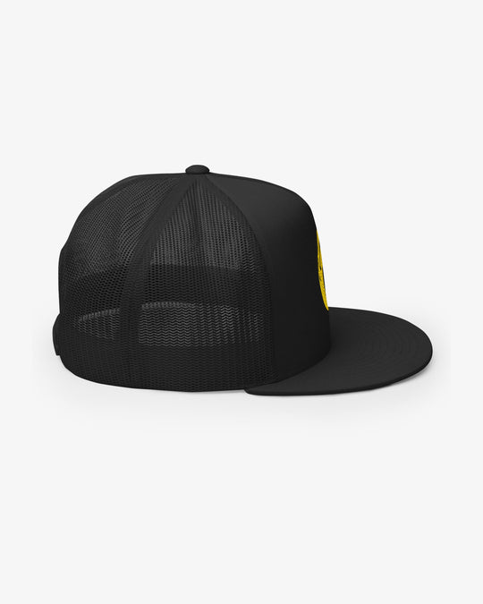 Black Smiley Upside-Down embroidered trucker cap, right side view
