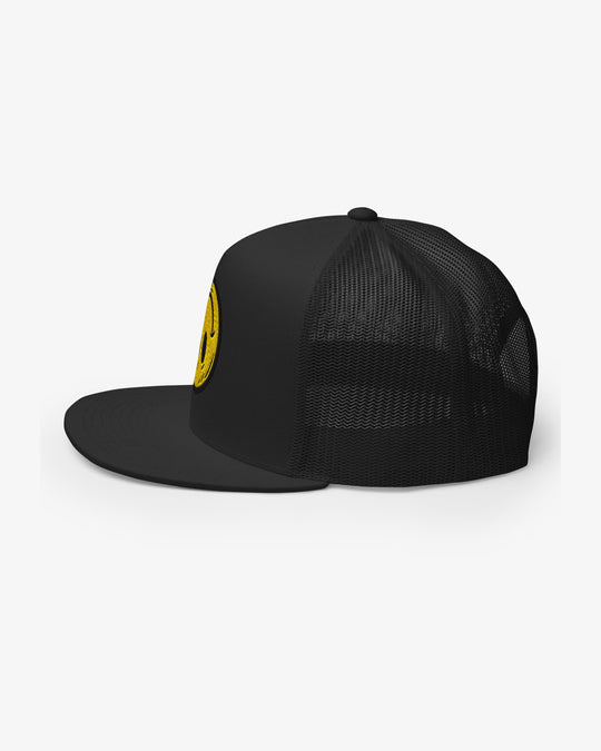 Black Smiley Upside-Down embroidered trucker cap, left side view
