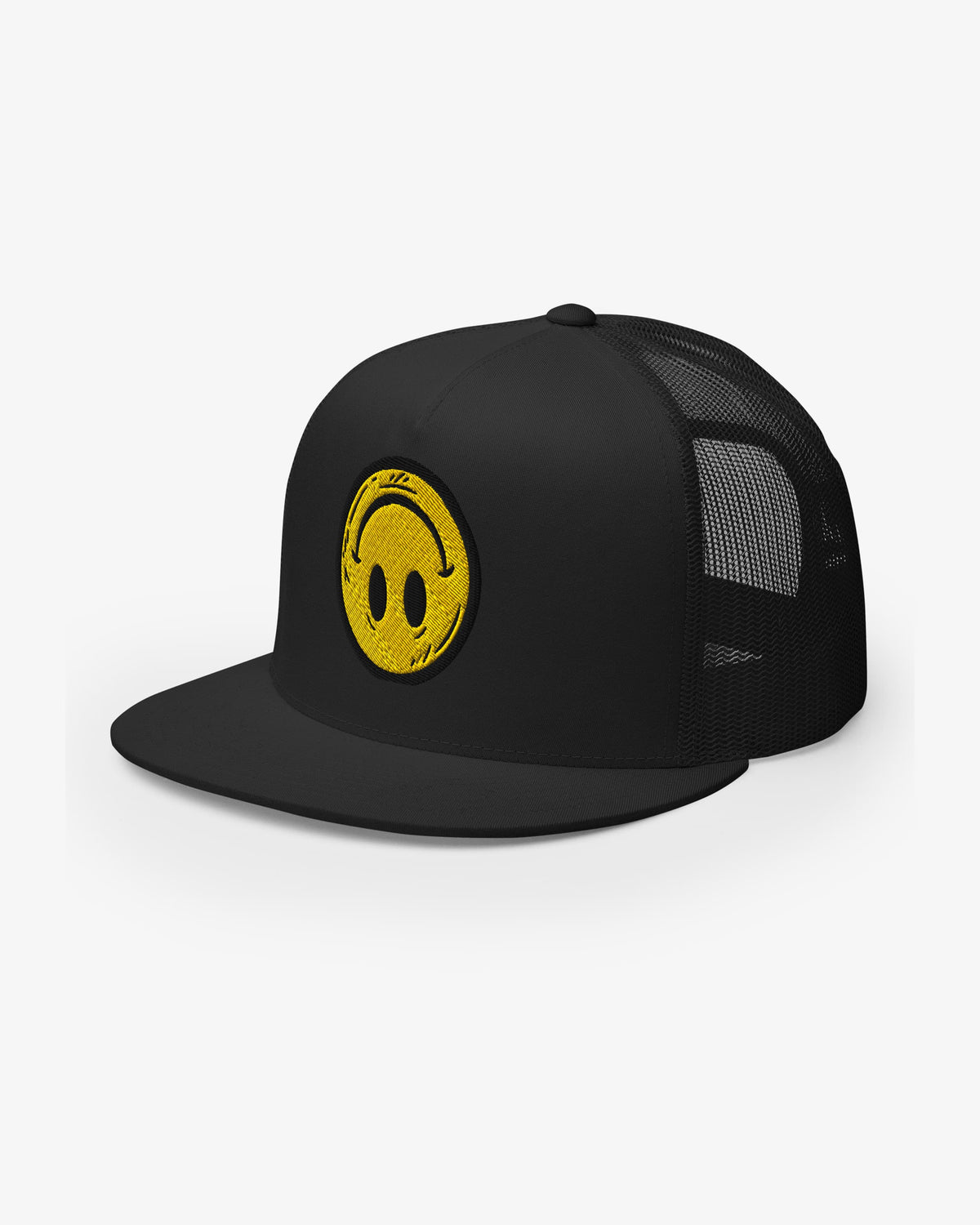 Black Smiley Up Down embroidered trucker cap, three-quarter view showing embroidered patch detail