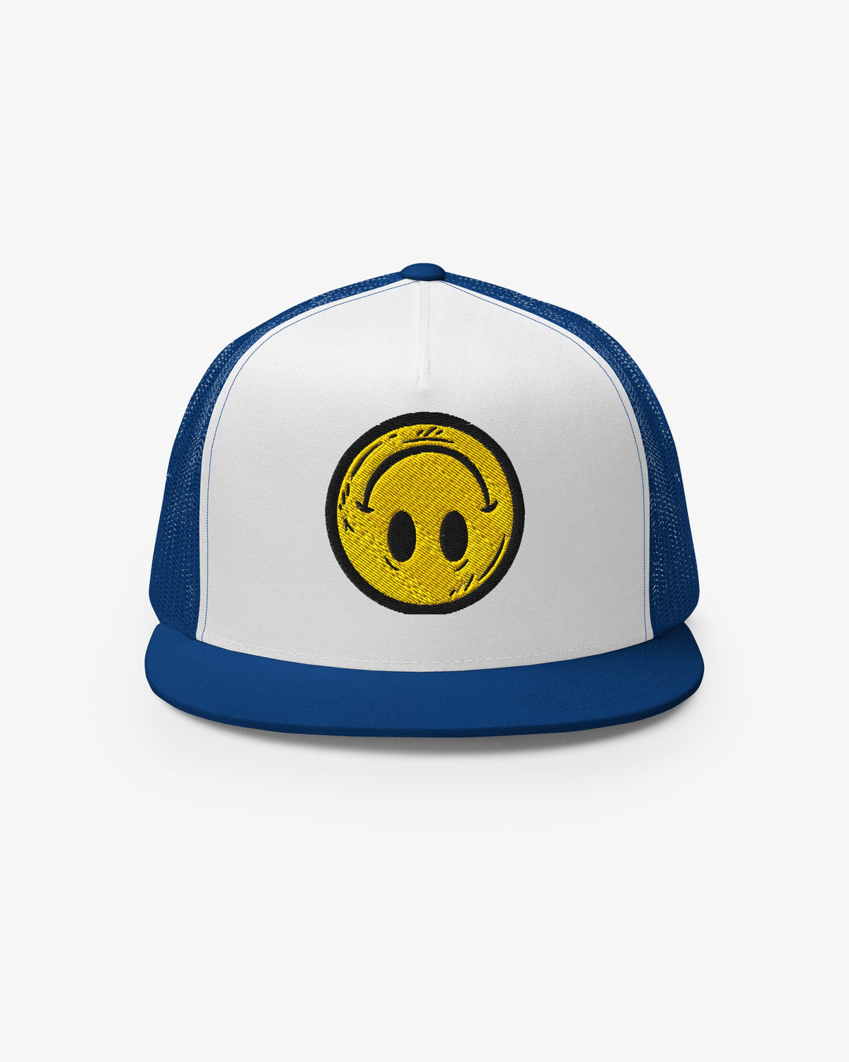 White and royal blue Smiley Up Down embroidered trucker cap, front view