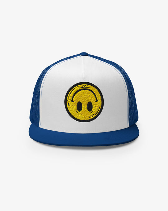 White and royal blue Smiley Upside-Down embroidered trucker cap, front view