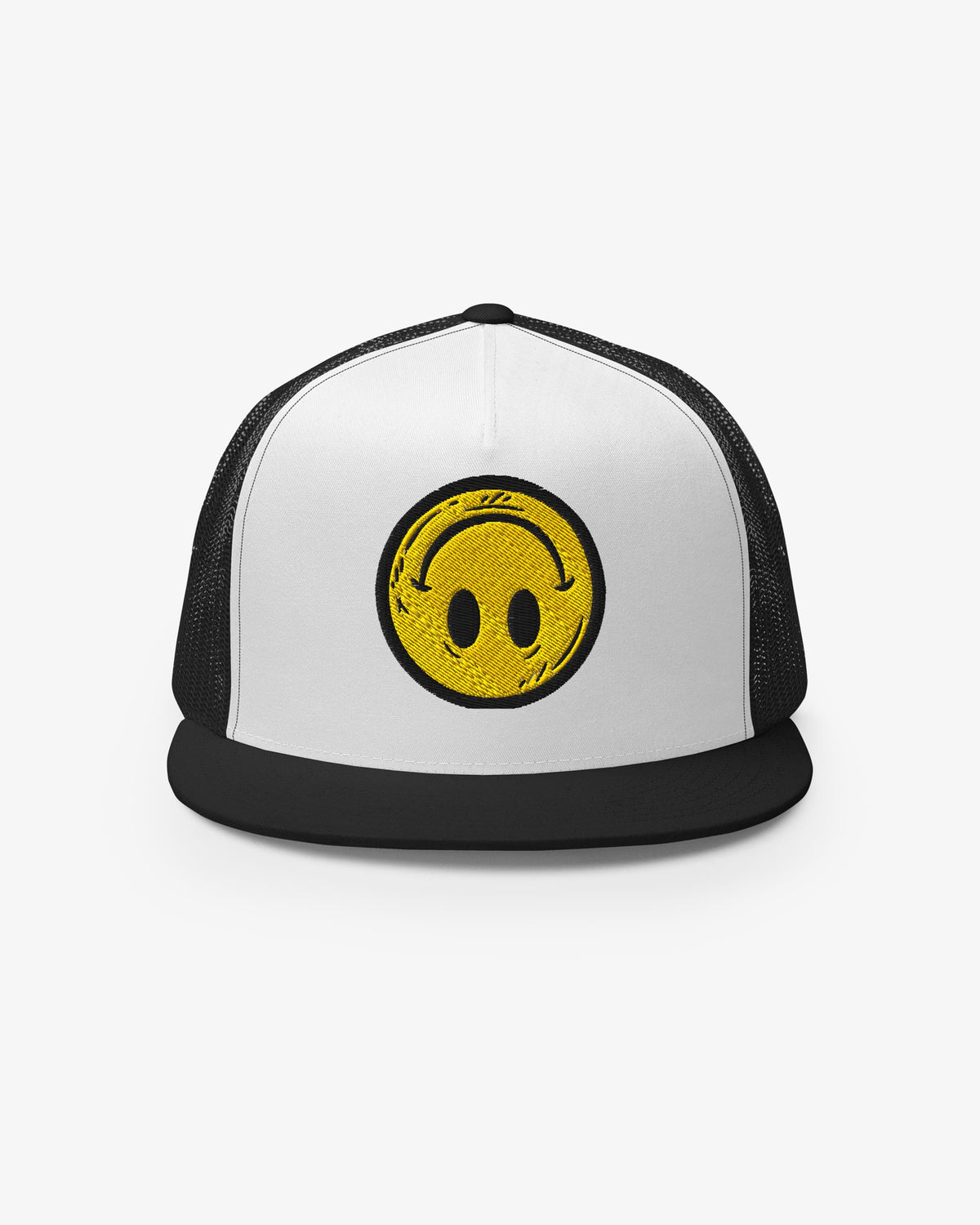 White and black Smiley Up Down embroidered trucker cap, front view