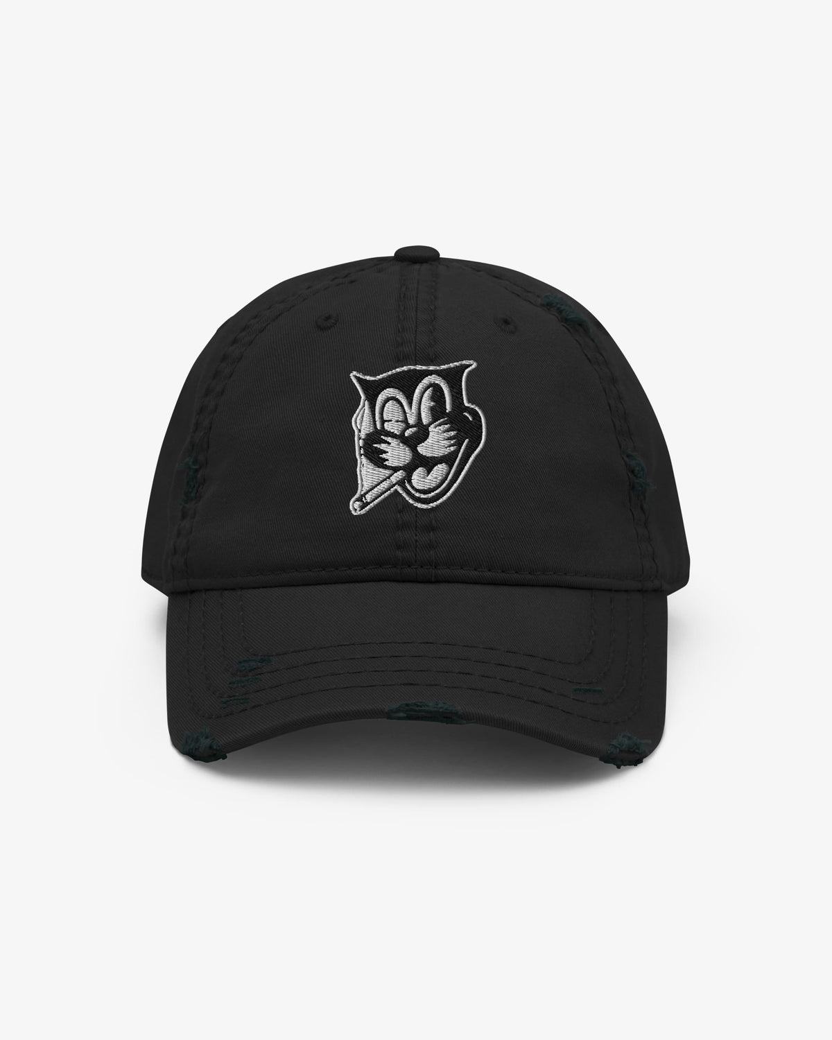 Smokey dad hat in black with grinning cat badge and cigarette embroidery, front view