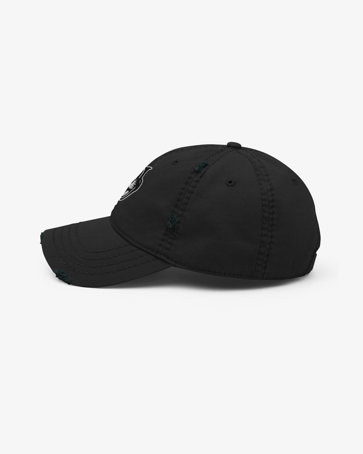Black Smokey dad hat, left side view showing distressed seams