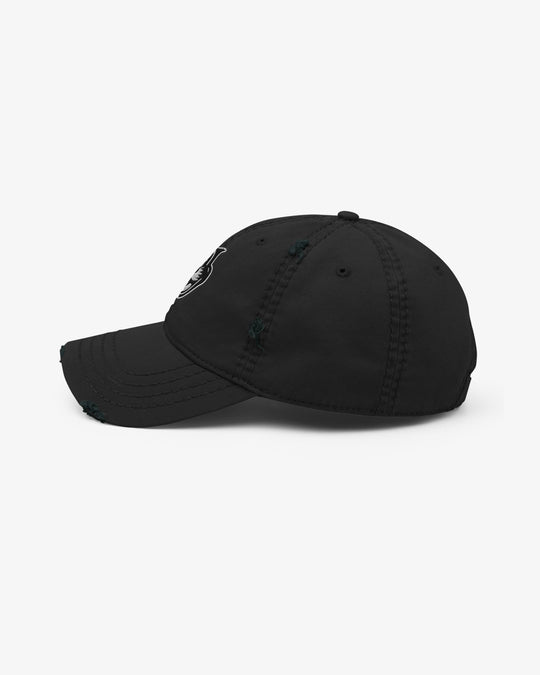 Black Smokey dad hat, left side view showing distressed seams