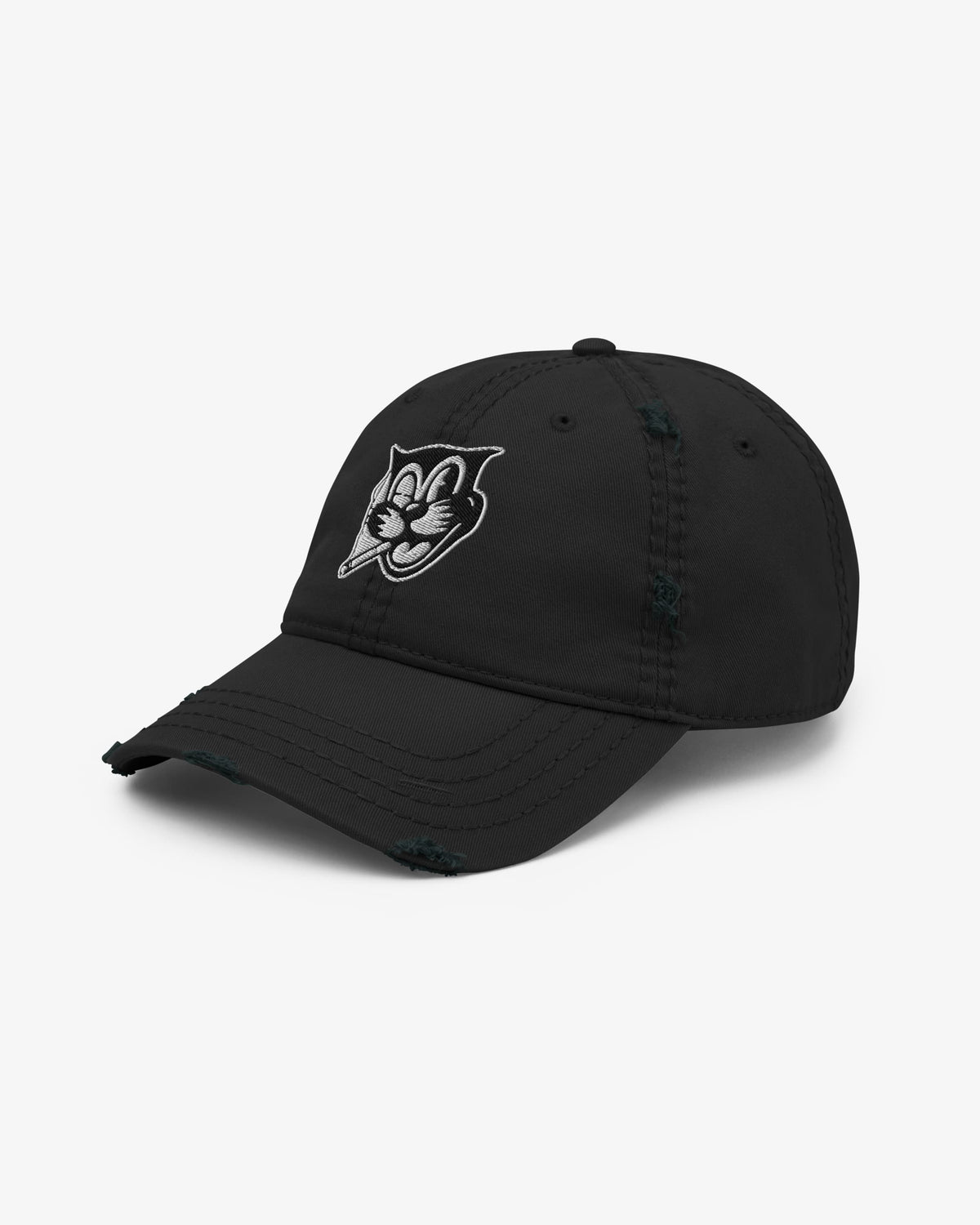 Black Smokey dad hat, three-quarter view showing embroidered cat badge detail