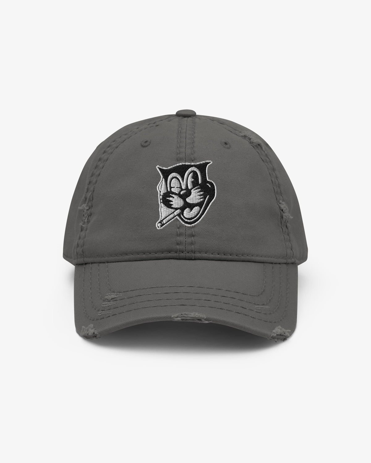 Smokey dad hat in charcoal with grinning cat badge embroidery, front view