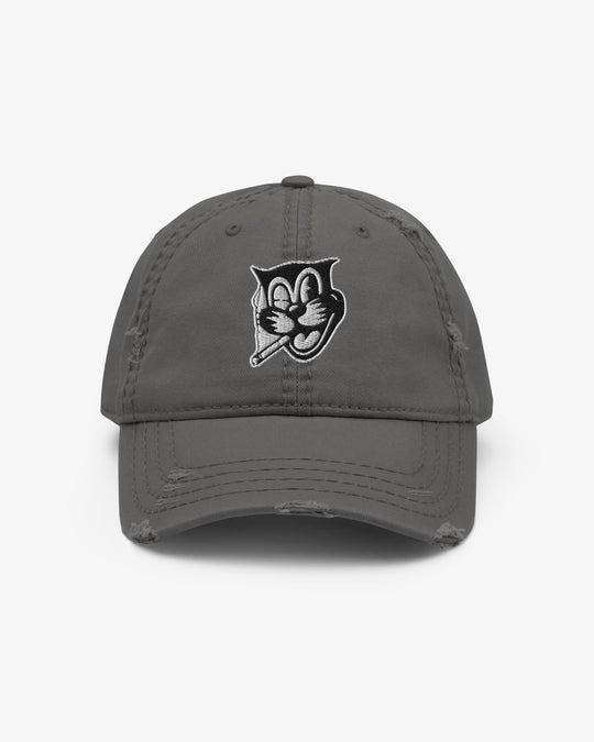 Smokey dad hat in charcoal with grinning cat badge embroidery, front view