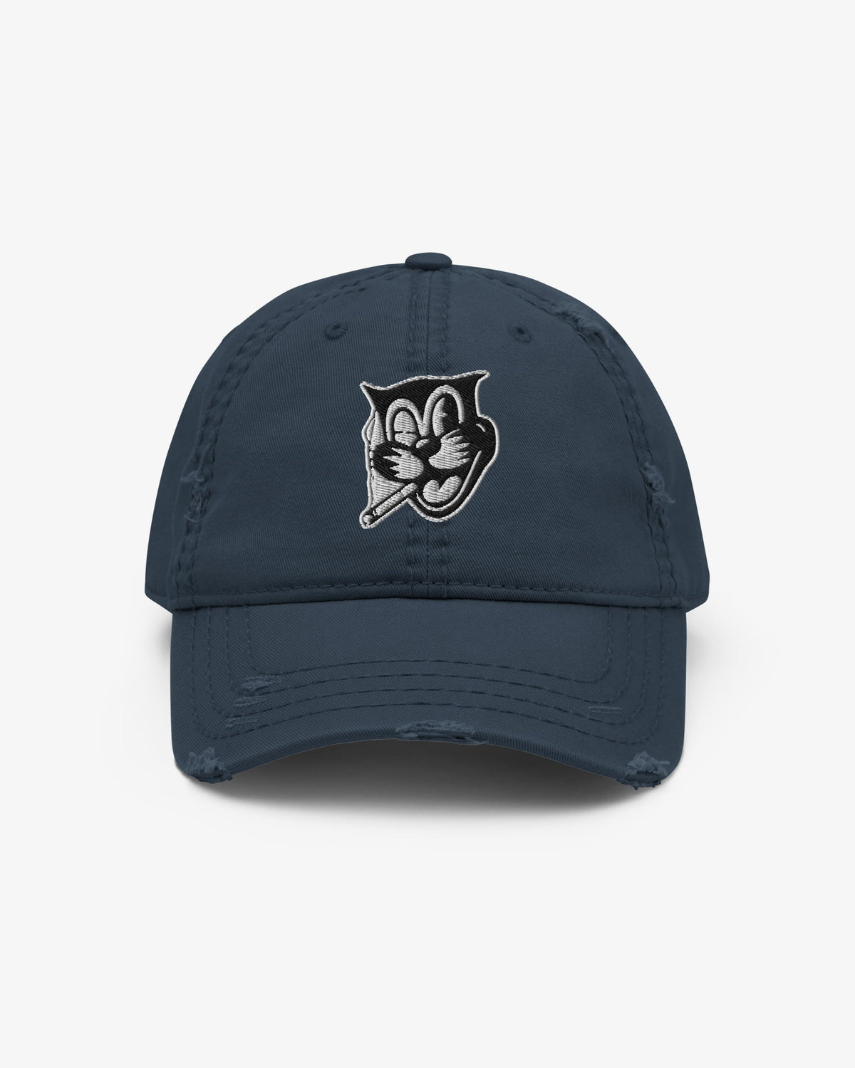 Smokey dad hat in navy with grinning cat badge embroidery, front view