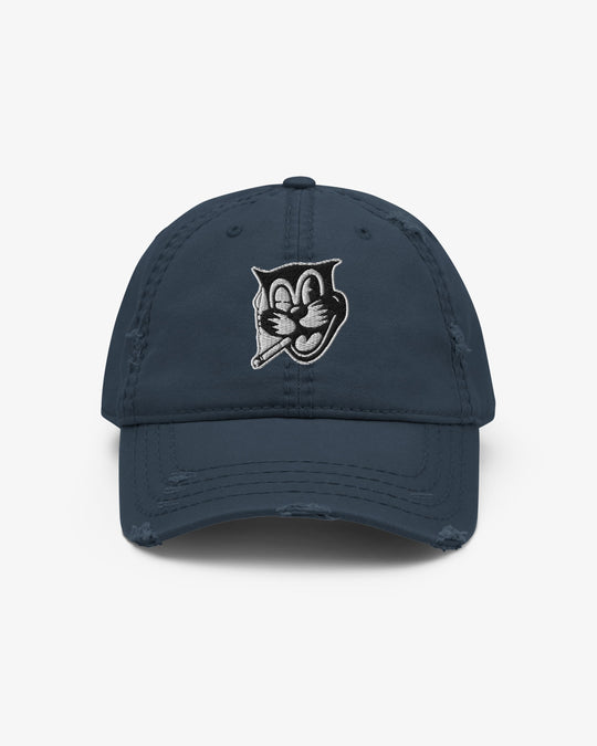 Smokey dad hat in navy with grinning cat badge embroidery, front view