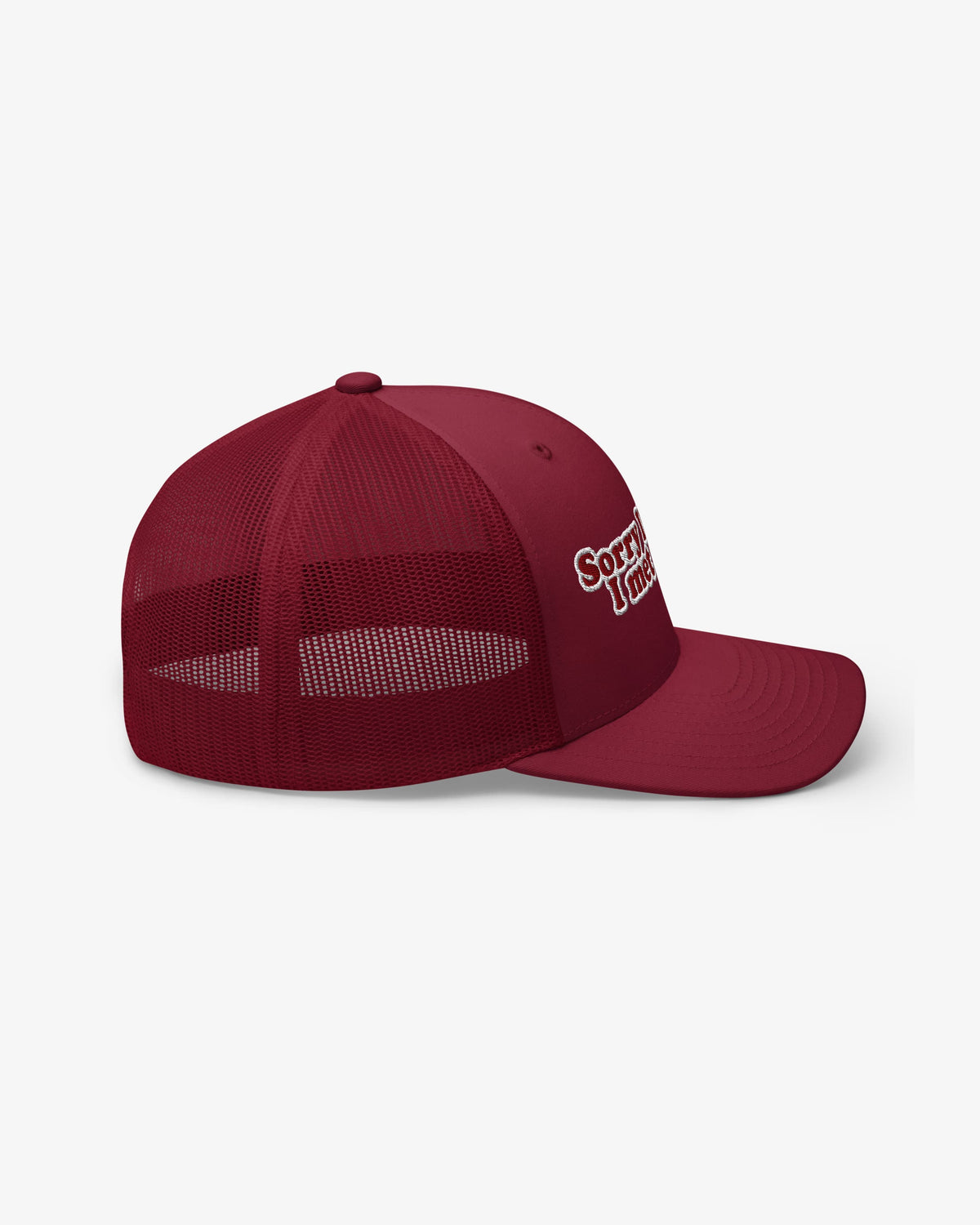 Sorry I'm Late, I Met A Dog trucker hat, cranberry, back view showing mesh panel and snapback closure