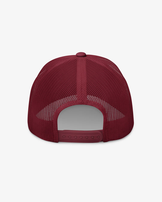 Sorry I'm Late, I Met A Dog trucker hat, cranberry, back three-quarter angle view