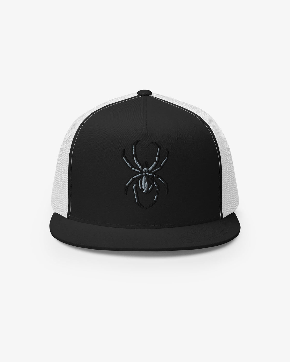 Black and white spider embroidered trucker hat, front view