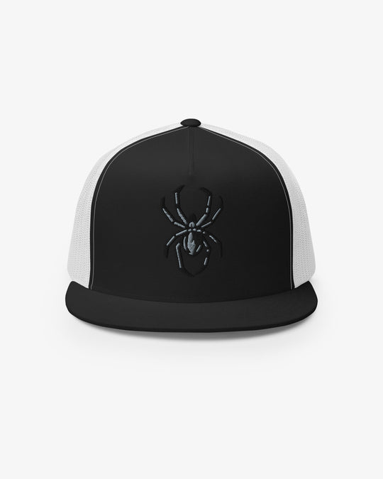 Black and white spider embroidered trucker hat, front view