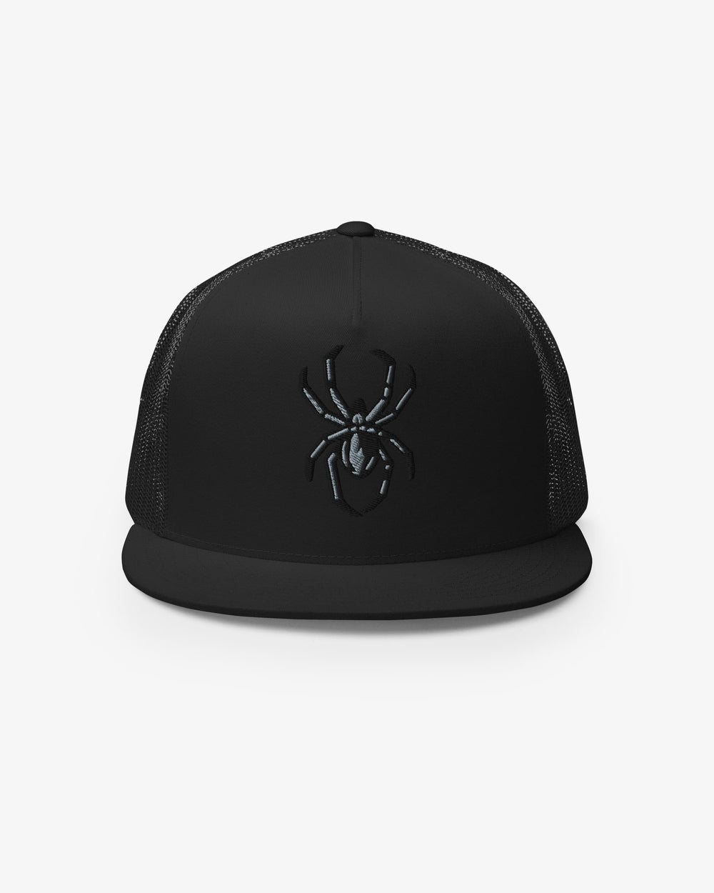 Black spider embroidered trucker hat, front view