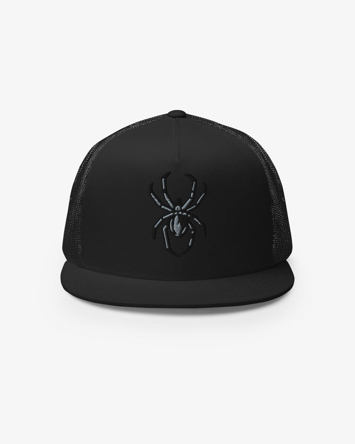 Black spider embroidered trucker hat, front view