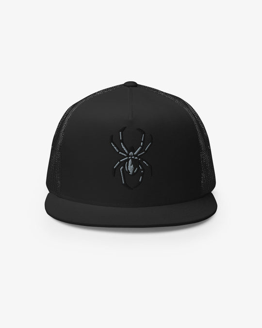 Black spider embroidered trucker hat, front view