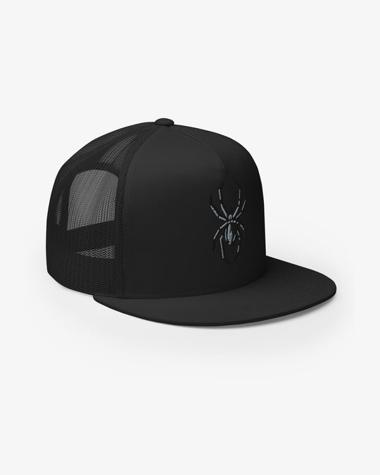 Black spider embroidered trucker hat, three-quarter view facing right