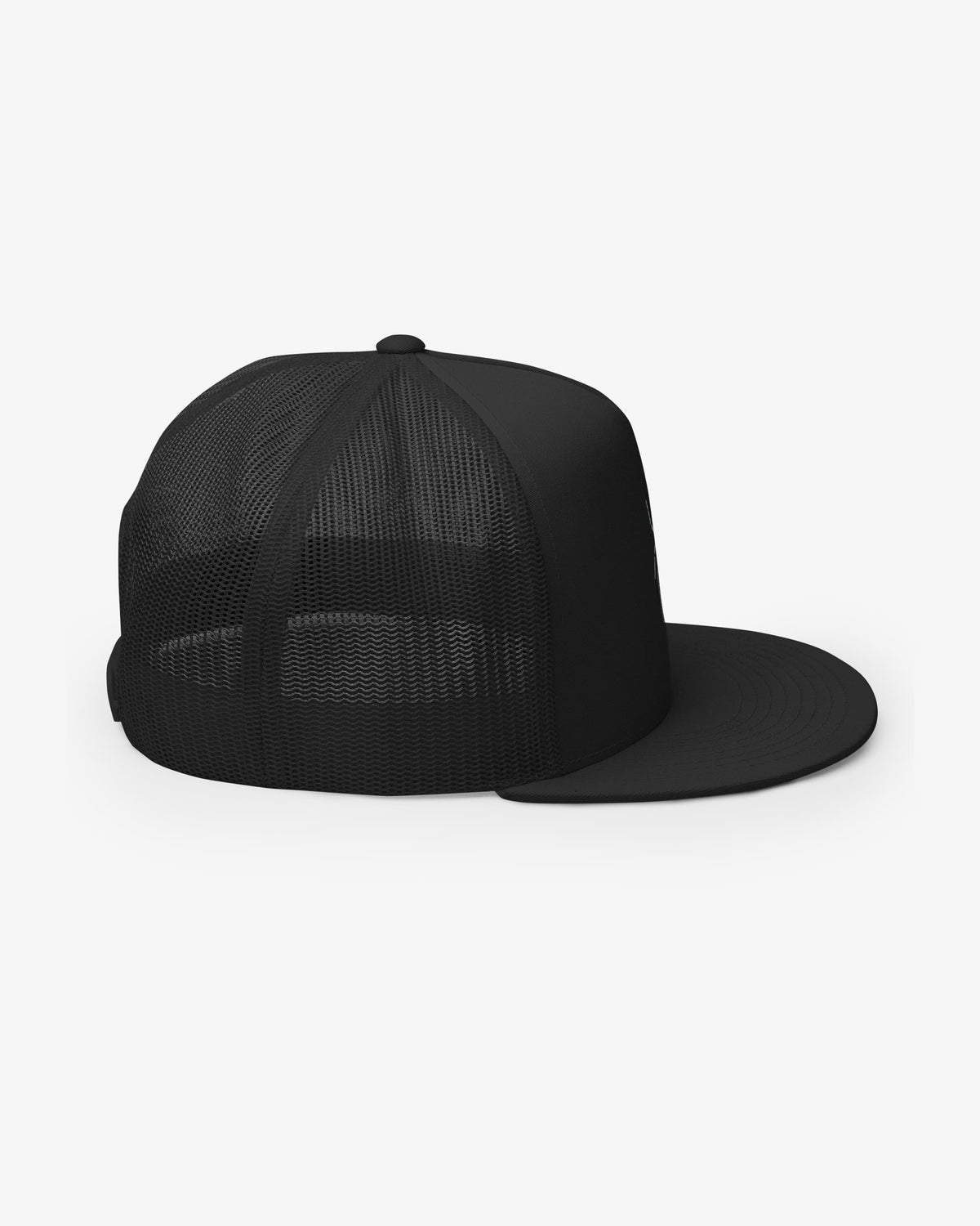 Black spider embroidered trucker hat, right side view