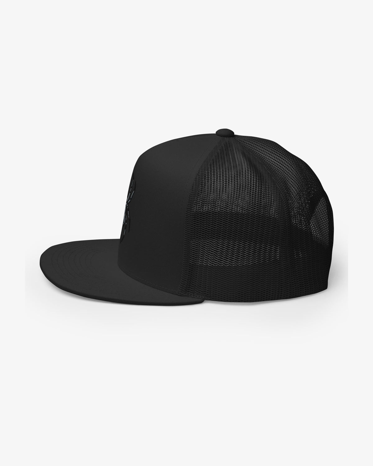 Black spider embroidered trucker hat, left side view