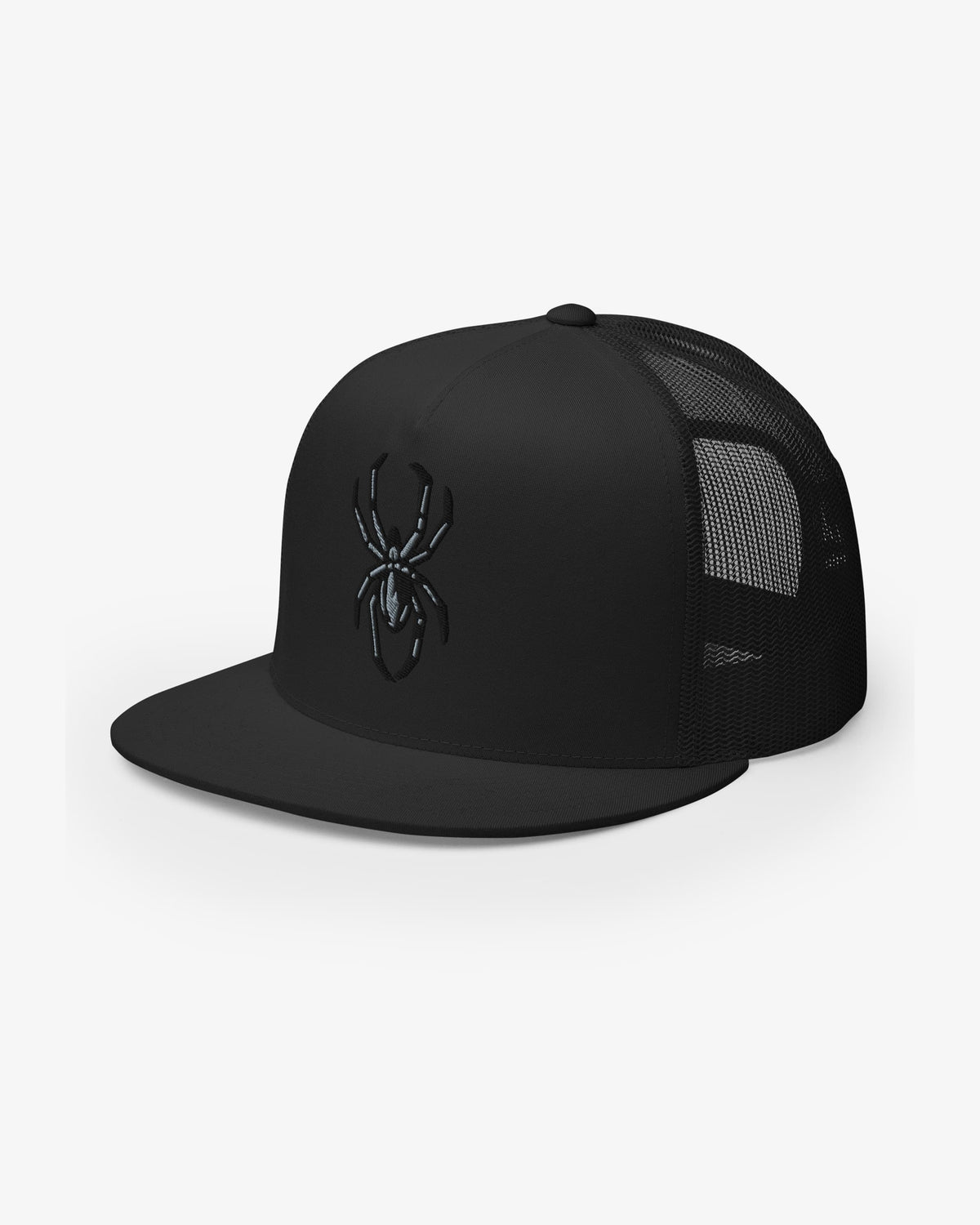 Black spider embroidered trucker hat, three-quarter view showing embroidery detail