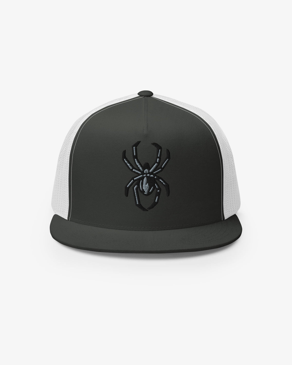 Charcoal and white spider embroidered trucker hat, front view