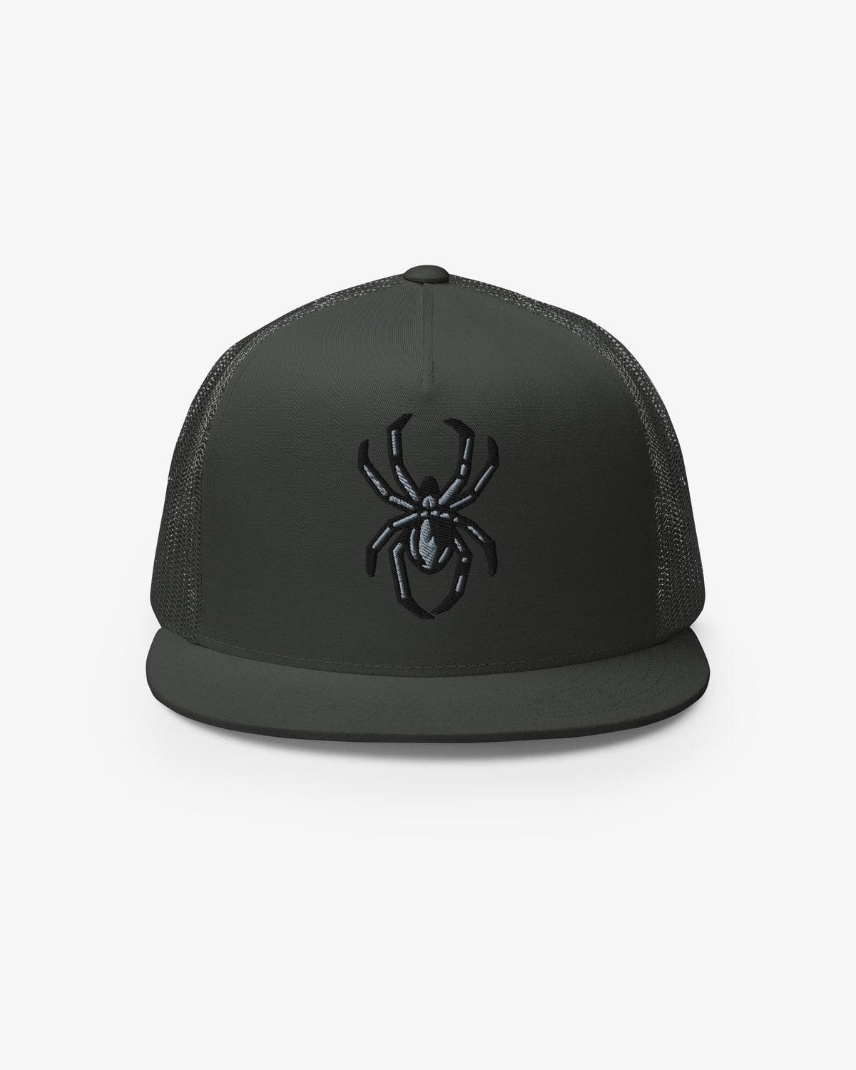 Charcoal spider embroidered trucker hat, front view