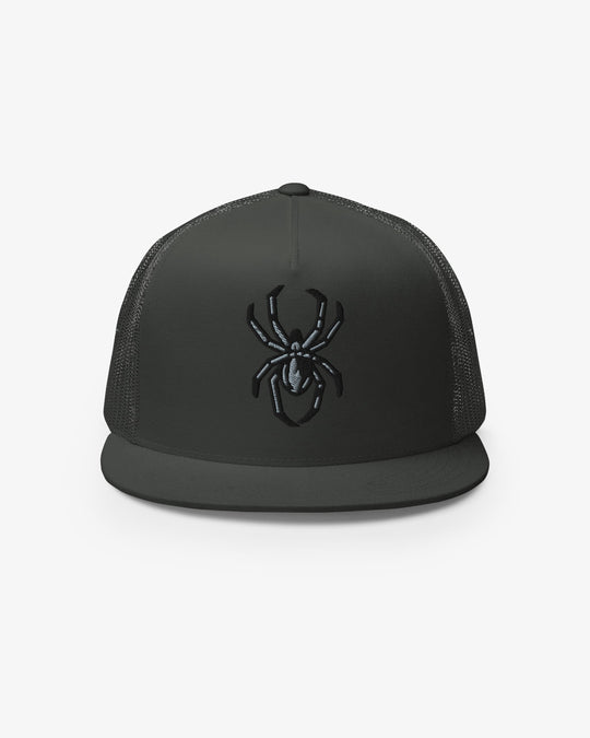 Charcoal spider embroidered trucker hat, front view