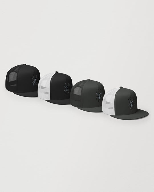 Spider embroidered trucker hat shown in black, black/white, charcoal, and charcoal/white