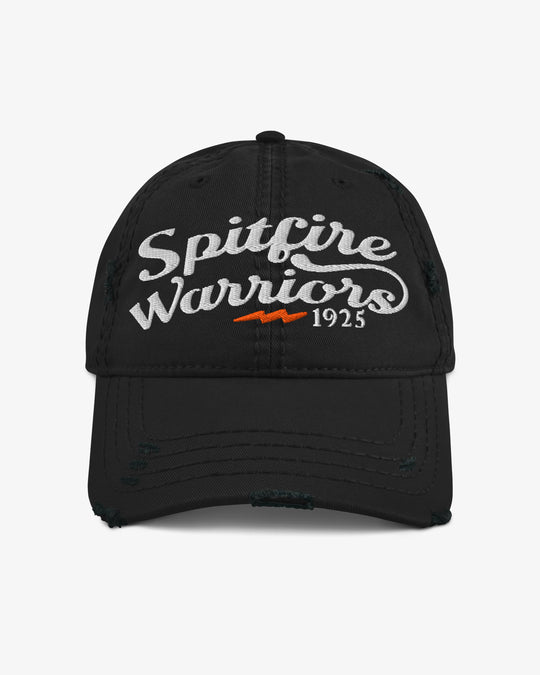 Spitfire Warriors dad hat in black with white script embroidery and orange lightning bolt, front view