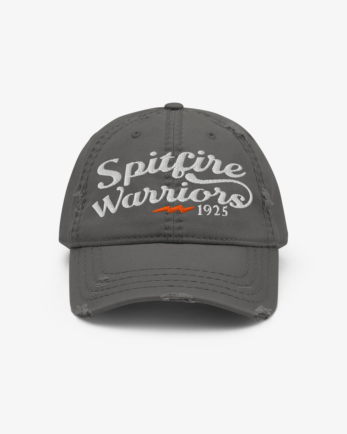 Spitfire Warriors dad hat in charcoal with white script embroidery and orange lightning bolt, front view