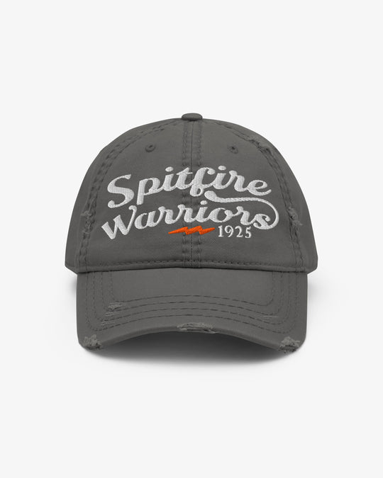 Spitfire Warriors dad hat in charcoal with white script embroidery and orange lightning bolt, front view