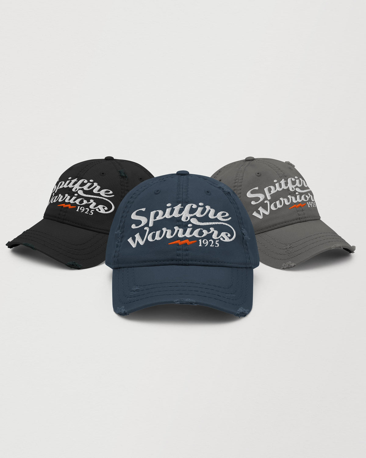 Spitfire Warriors embroidered distressed dad hat in navy, black and charcoal – Wearrs
