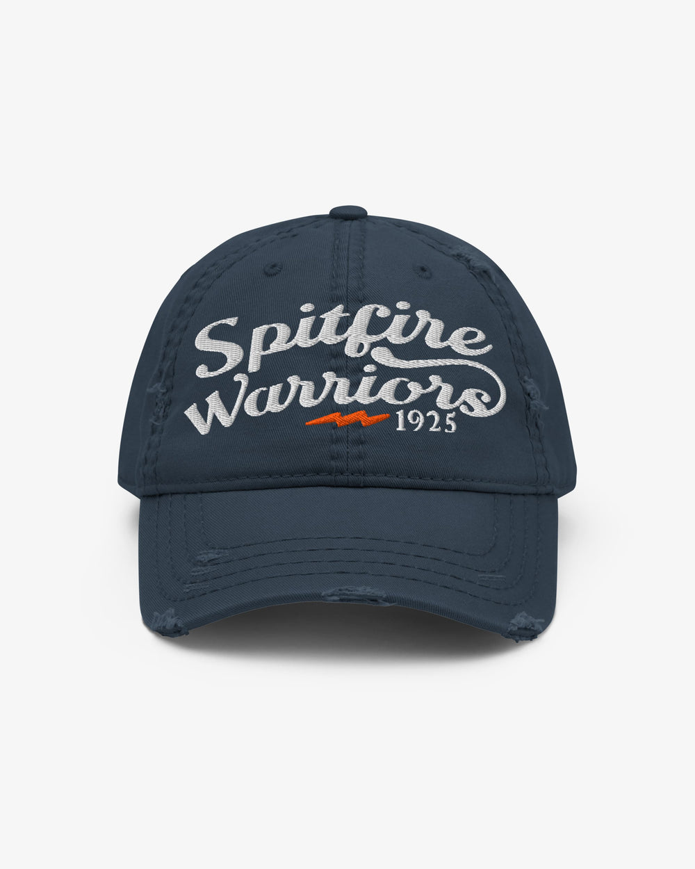 Spitfire Warriors dad hat in navy with white script embroidery and orange lightning bolt, front view