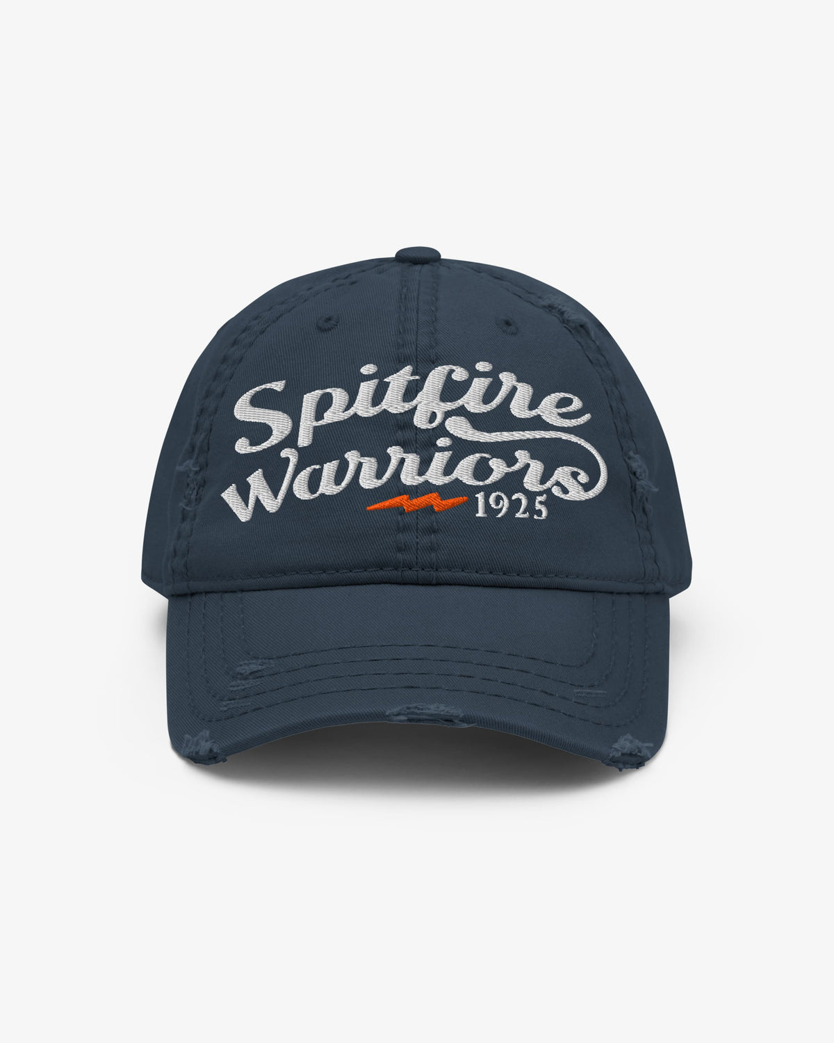 Spitfire Warriors dad hat in navy with white script embroidery and orange lightning bolt, front view
