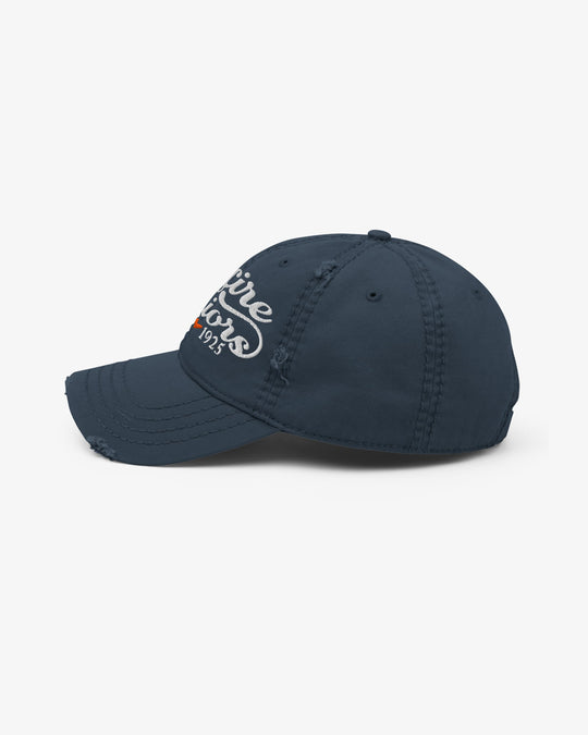 Navy Spitfire Warriors dad hat, left side view showing distressed seams