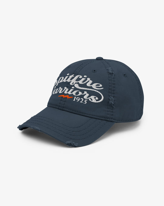 Navy Spitfire Warriors dad hat, three-quarter view facing left showing embroidered script and lightning bolt detail