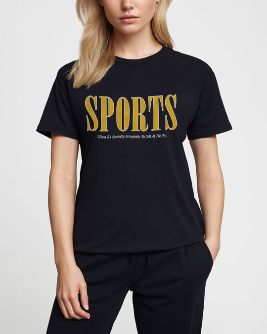 Sports t-shirt with yellow "SPORTS" wordmark on a dark t-shirt, worn by a model
