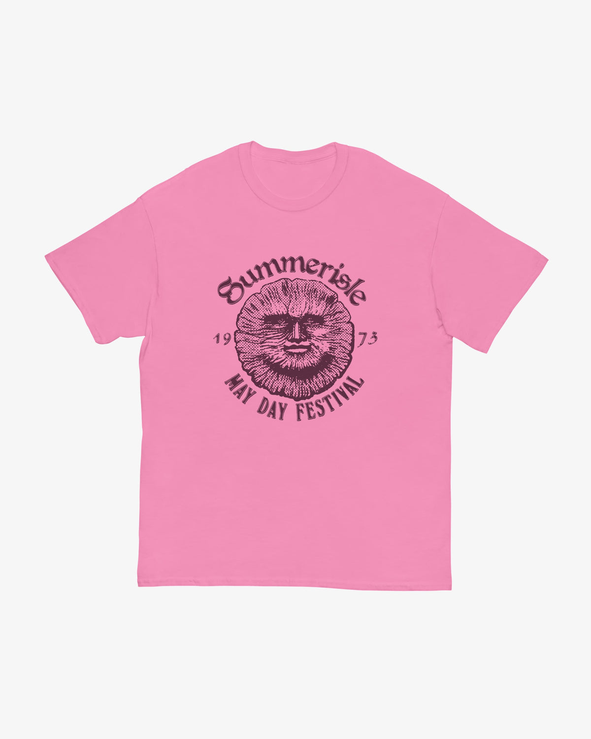 Summerisle tee in azalea pink with maroon halftone sun-face print