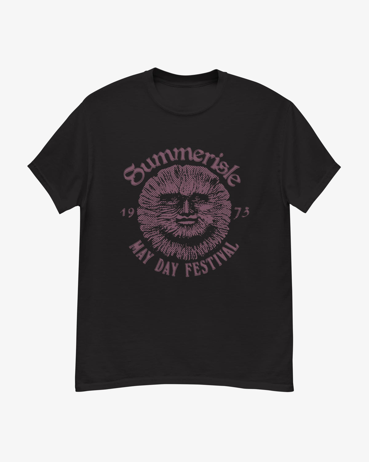 Summerisle tee in black with muted mauve halftone sun-face print