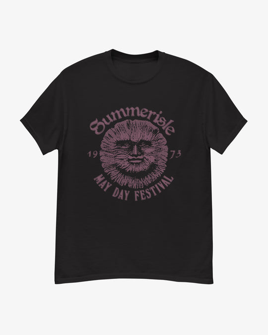 Summerisle t-shirt in black, halftone sun face with "Summerisle May Day Festival 1973" lettering, front view