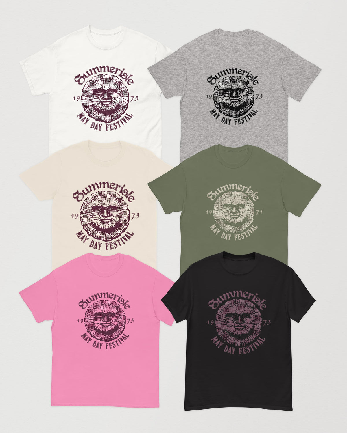 Summerisle May Day Festival graphic tees from The Wicker Man in white, sport grey, natural, military green, azalea and black – Wearrs