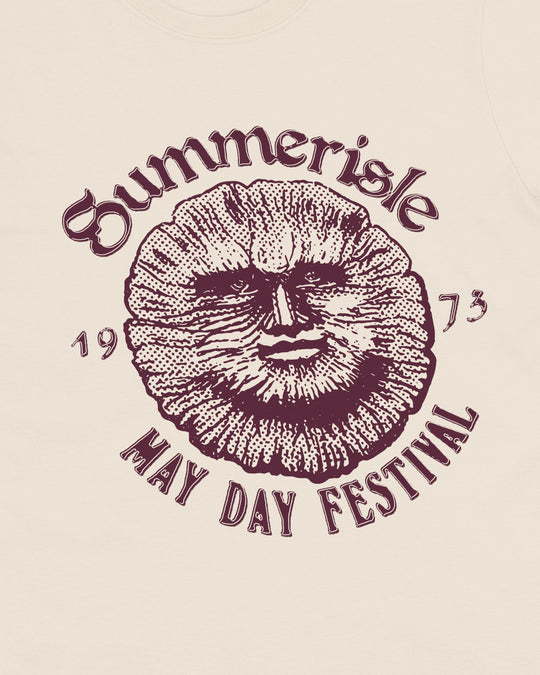 Close-up of the Summerisle print, halftone sun face print