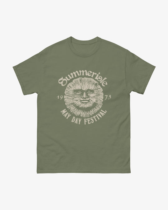 Summerisle t-shirt in military green, halftone sun face with "Summerisle May Day Festival 1973" lettering, front view