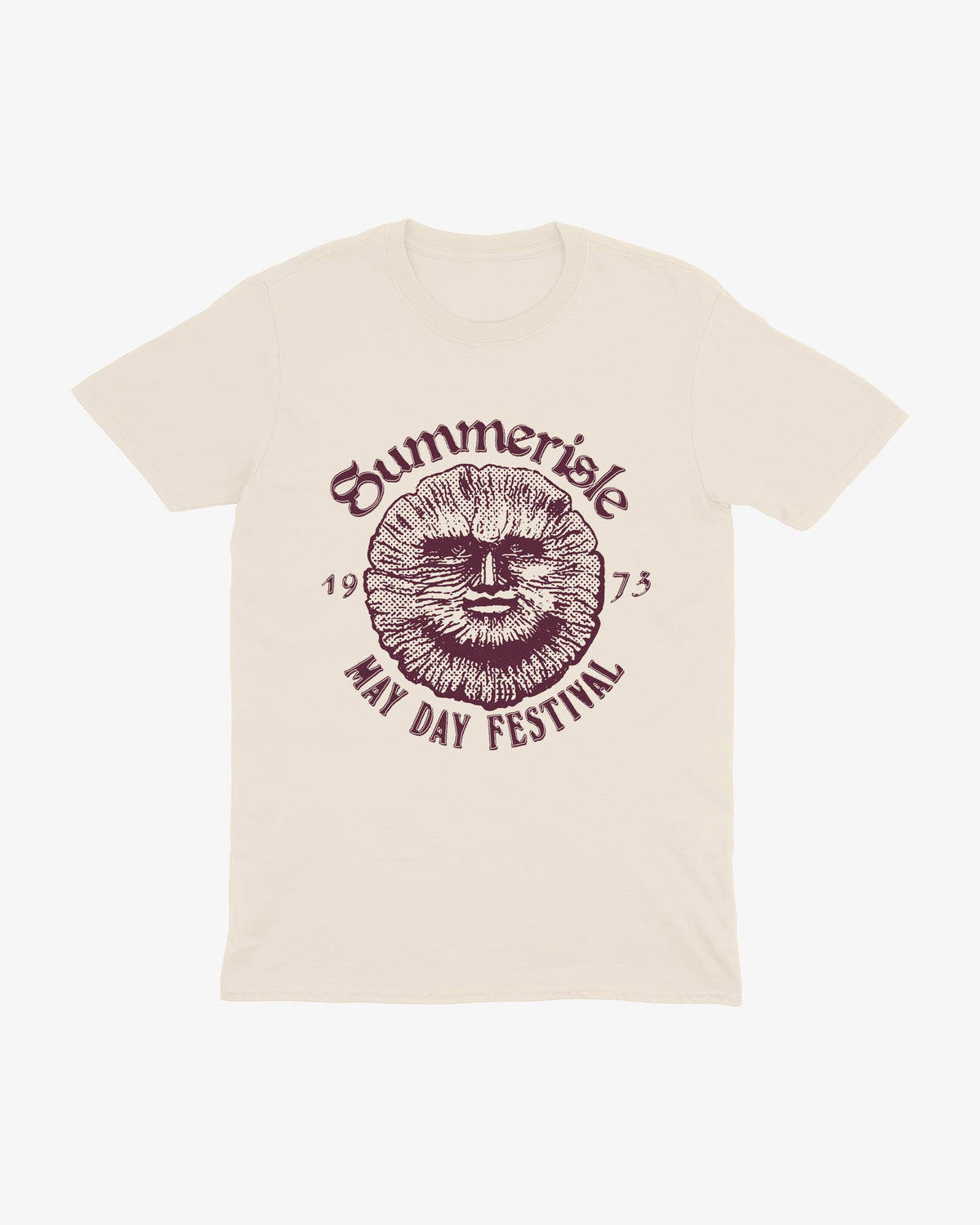 Summerisle tee in natural with maroon halftone sun-face print and May Day Festival 1973 lettering