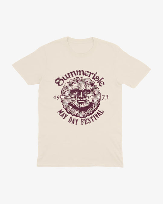 Summerisle t-shirt in natural, halftone sun face with "Summerisle May Day Festival 1973" lettering, front view
