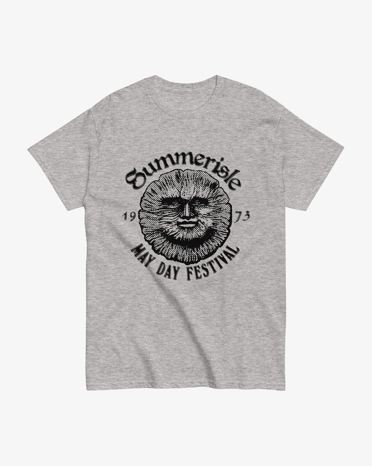 Summerisle tee in sport grey with black halftone sun-face print