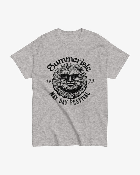 Summerisle t-shirt in sport grey, halftone sun face with "Summerisle May Day Festival 1973" lettering, front view